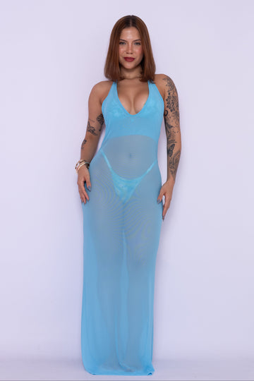 VESTIDO DECOTE EM TULE - CELESTE (PRÉ-VENDA)